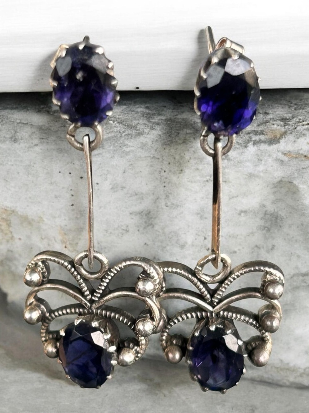 Vintage Sterling Silver Ornate Purple Sapphire Drop Earrings